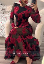 Backless A-Line Floor-Length Bell Sleeves Evening Gown with Red Flowers