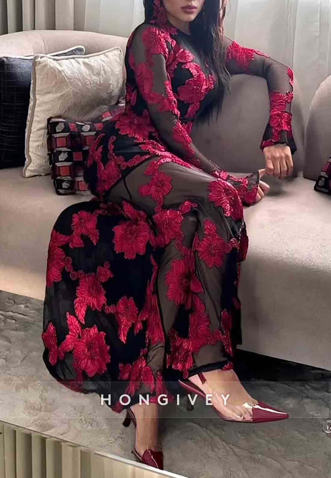 Backless A-Line Floor-Length Bell Sleeves Evening Gown with Red Flowers