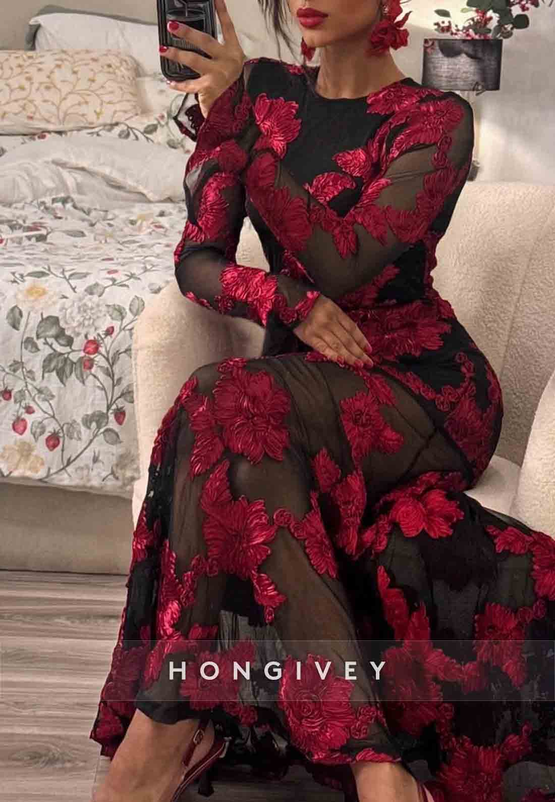 Backless A-Line Floor-Length Bell Sleeves Evening Gown with Red Flowers