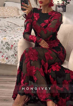 Backless A-Line Floor-Length Bell Sleeves Evening Gown with Red Flowers