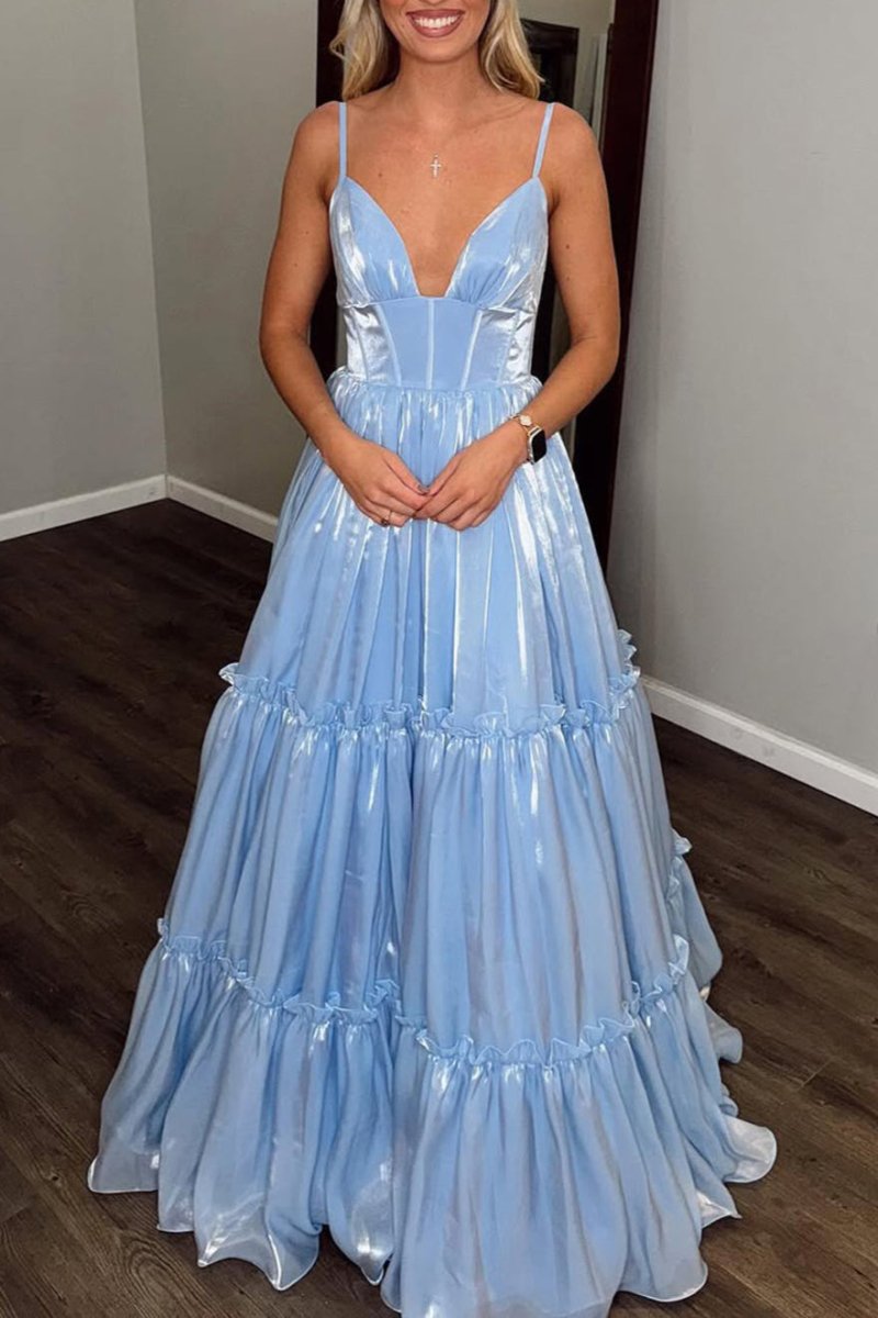 Cute A Line V Neck Light Blue Glitter Organza Satin Prom Dress