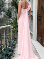 Pink One Shoulder Sleeveless Sequins Sparkle Mermaid Evening Dress