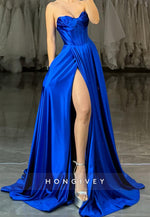 A-Line Royal Blue Sweetheart Side Slit Long Prom Dresses with Pockets