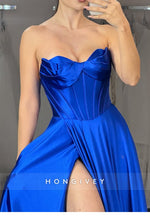 A-Line Royal Blue Sweetheart Side Slit Long Prom Dresses with Pockets