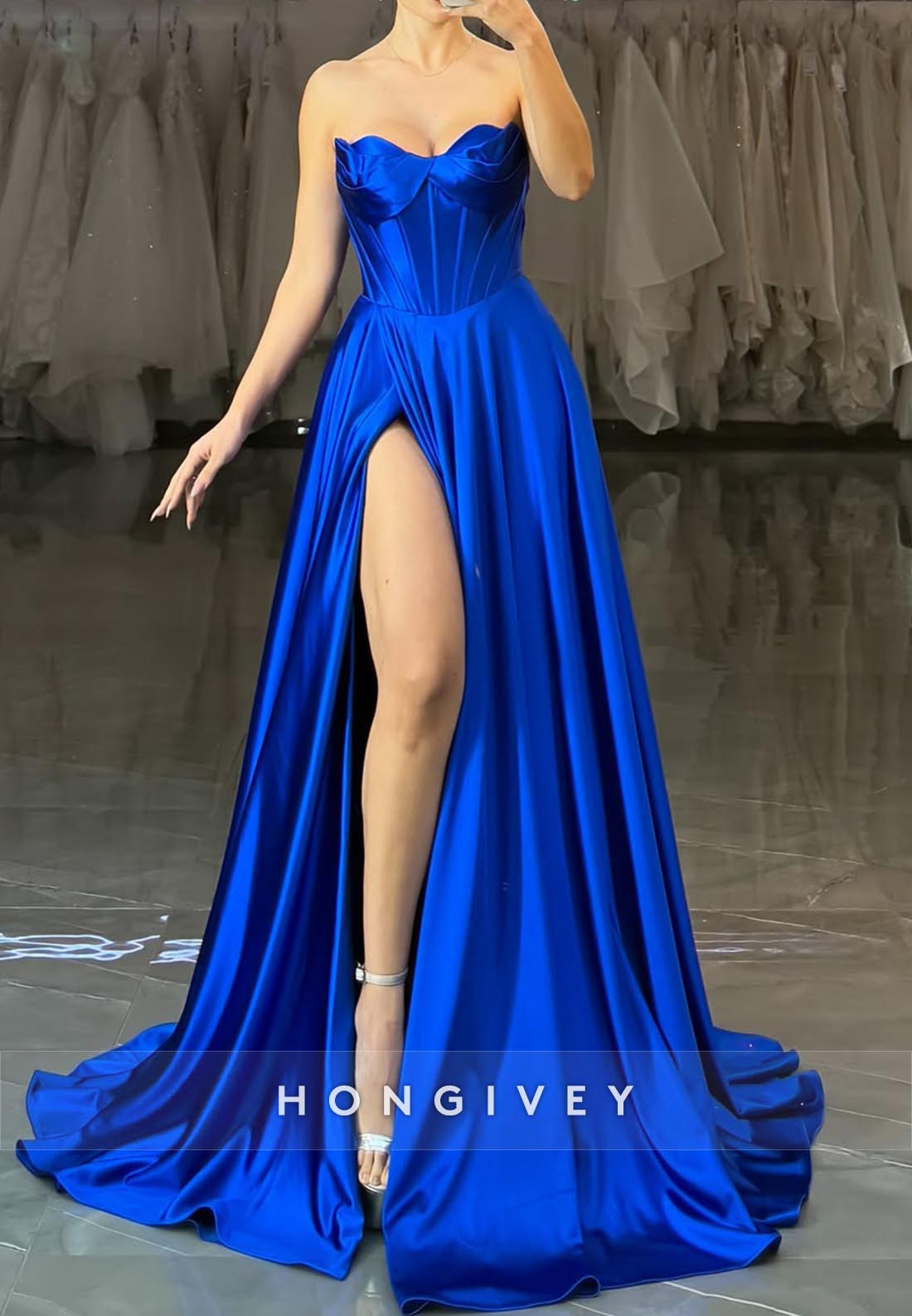 A-Line Royal Blue Sweetheart Side Slit Long Prom Dresses with Pockets