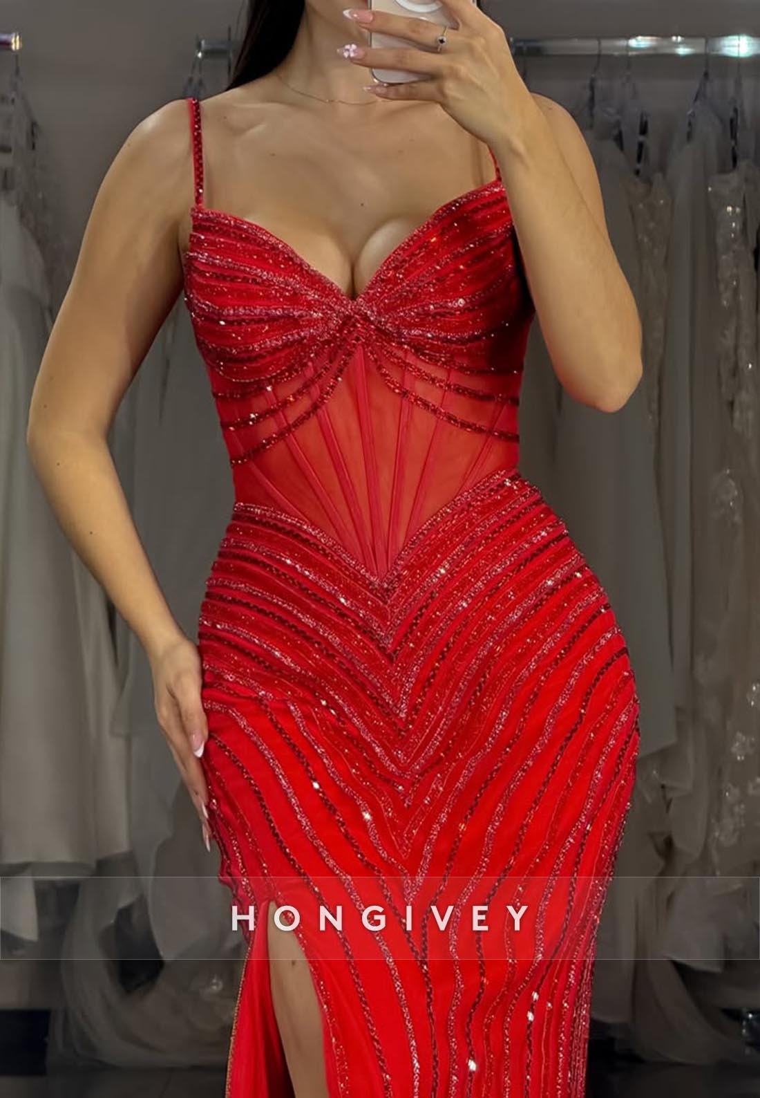 Spaghetti Straps Sexy and Sleek Red Mermaid  Long Prom Dresses with Split