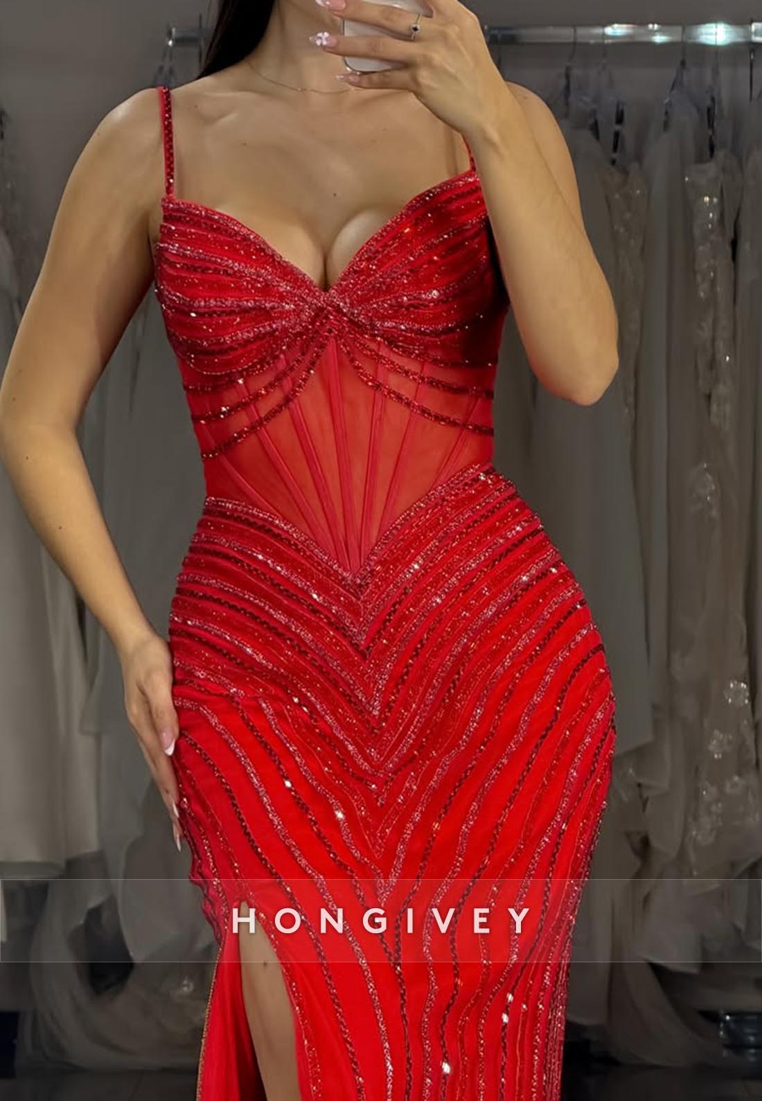 Spaghetti Straps Sexy and Sleek Red Mermaid  Long Prom Dresses with Split