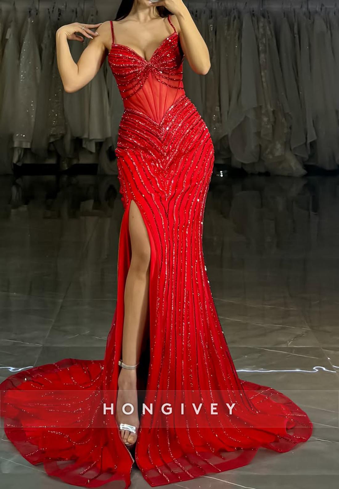 Spaghetti Straps Sexy and Sleek Red Mermaid  Long Prom Dresses with Split