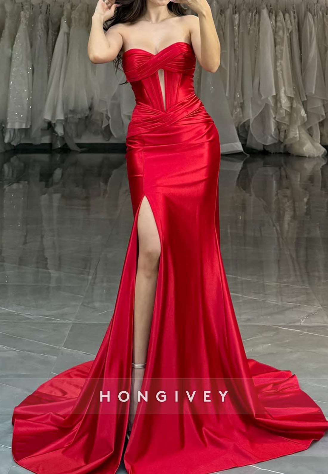 Red Long Sweetheart Pleats Holiday Prom Dresses with Split