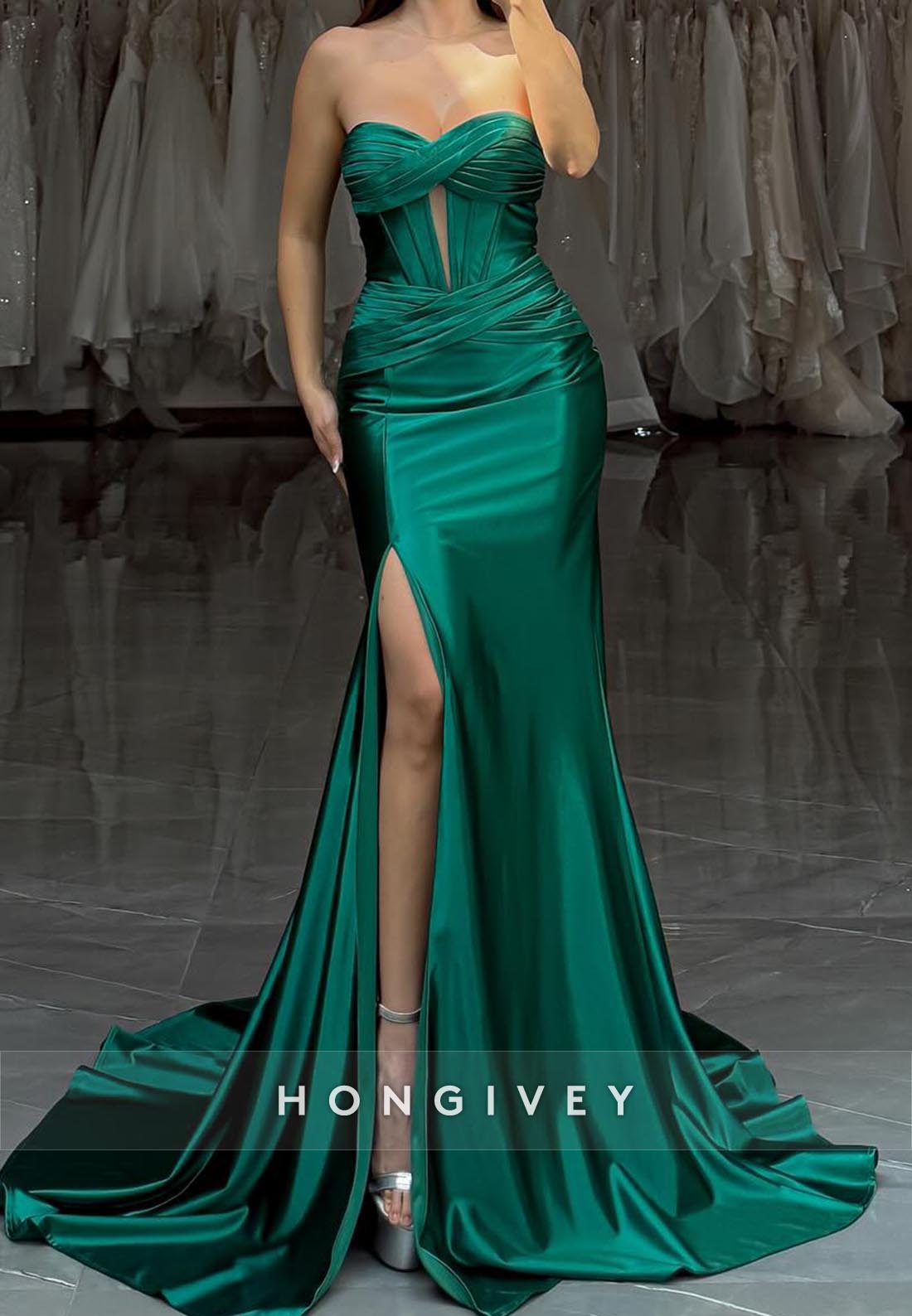 Sweetheart Draped Long Mermaid Holiday Dresses with High Slit