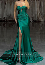 Sweetheart Draped Long Mermaid Holiday Dresses with High Slit