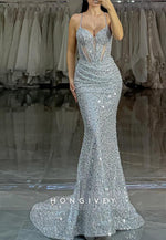 Spaghetti Straps Beads Sparkly Mermaid Prom Formal Dress