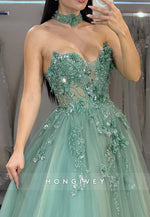 A-Line Sweetheart Lace Applique Rhinestone Long  Prom Dresses