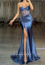 Sweetheart Satin Ruched Side Slit Mermaid Long Prom Formal Dress