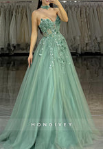 A-Line Sweetheart Lace Applique Rhinestone Long  Prom Dresses