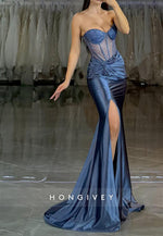 Sweetheart Satin Ruched Side Slit Mermaid Long Prom Formal Dress