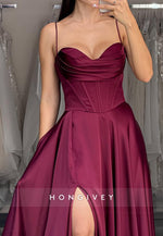 Spaghetti Straps Sweetheart Pleats Split Evening Prom Dresses with Court Train