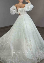 Sweetheart Appliqued Strapless Princess Wedding Dresses with Puff Sleeves