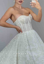 Sweetheart Appliqued Strapless Princess Wedding Dresses with Puff Sleeves