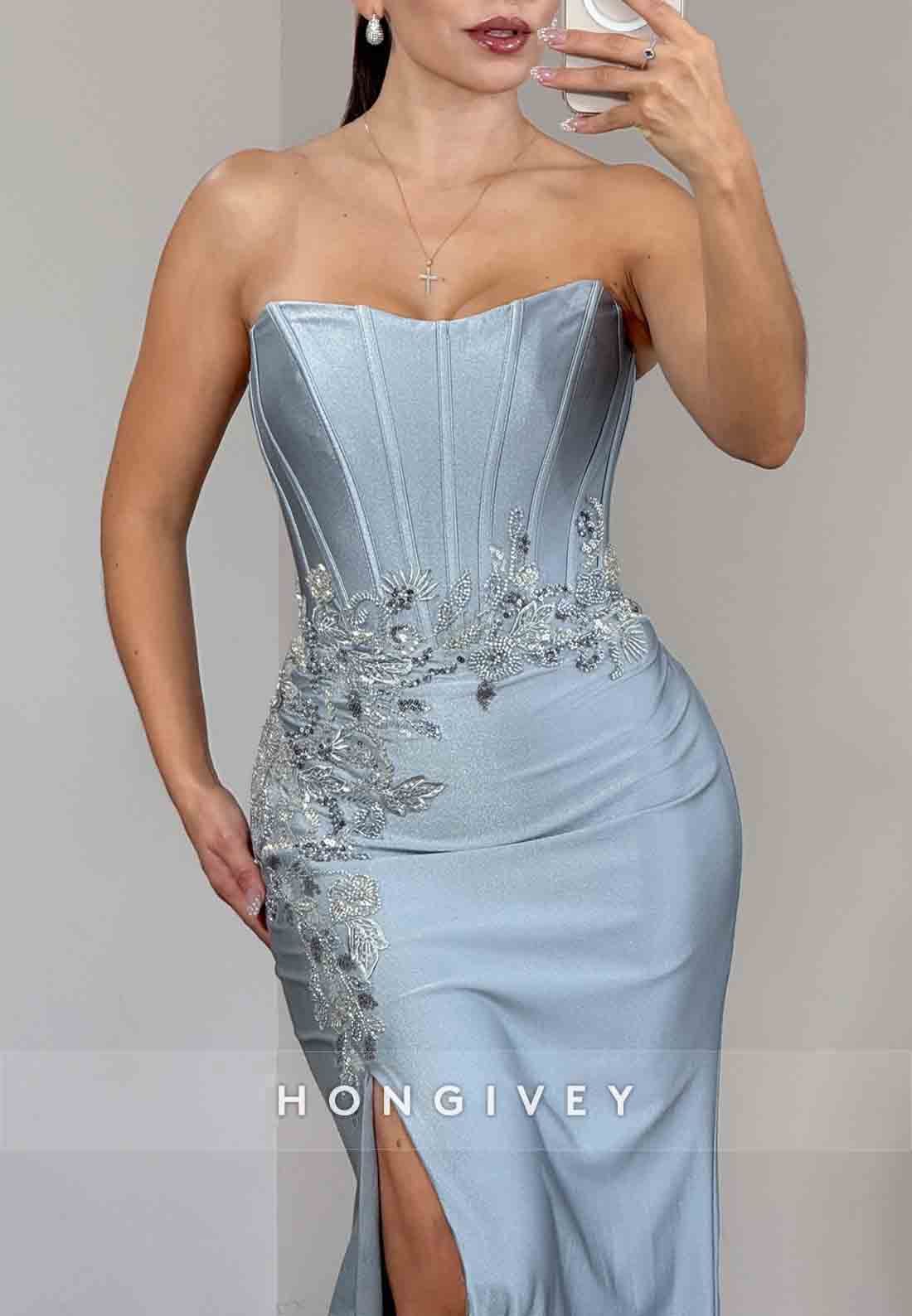 Satin Appliqued Strapless Sweep Train Mermaid Prom Dresses with Side Slit