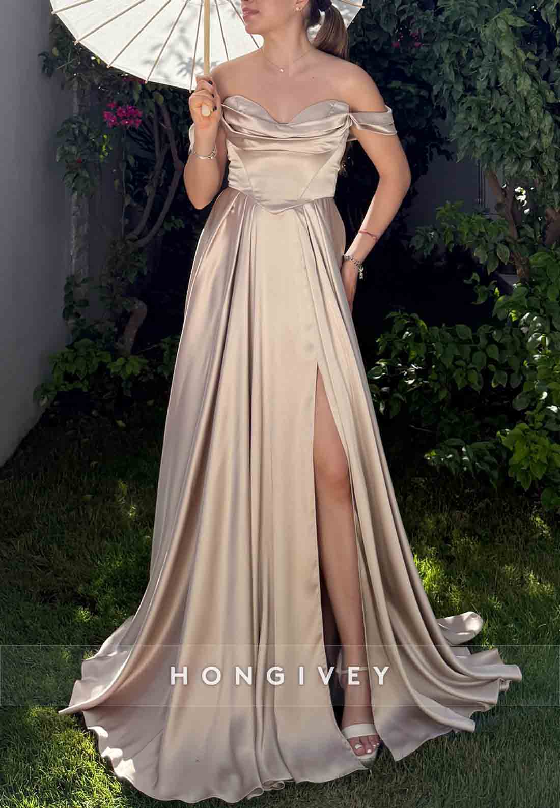 A-Line Sweetheart Off the Shoulder Satin Prom Dresses with High Slit