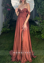 A-Line Sweetheart Off the Shoulder Satin Prom Dresses with High Slit