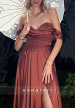 A-Line Sweetheart Off the Shoulder Satin Prom Dresses with High Slit