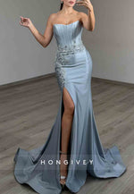 Satin Appliqued Strapless Sweep Train Mermaid Prom Dresses with Side Slit