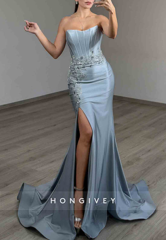 Satin Appliqued Strapless Sweep Train Mermaid Prom Dresses with Side Slit