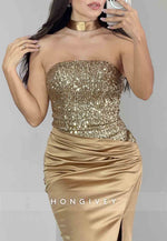 Gold Strapless Satin Mermaid Floor-Length Prom Dresses with Sequins