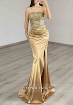 Gold Strapless Satin Mermaid Floor-Length Prom Dresses with Sequins