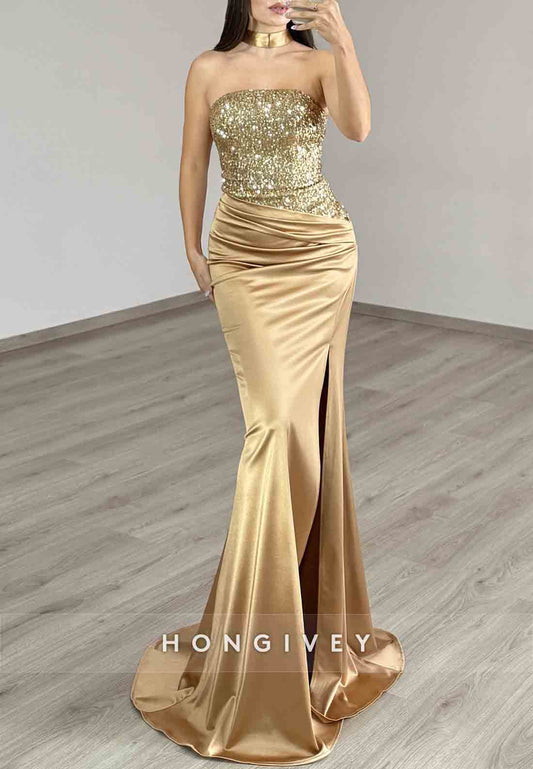 Gold Strapless Satin Mermaid Floor-Length Prom Dresses with Sequins