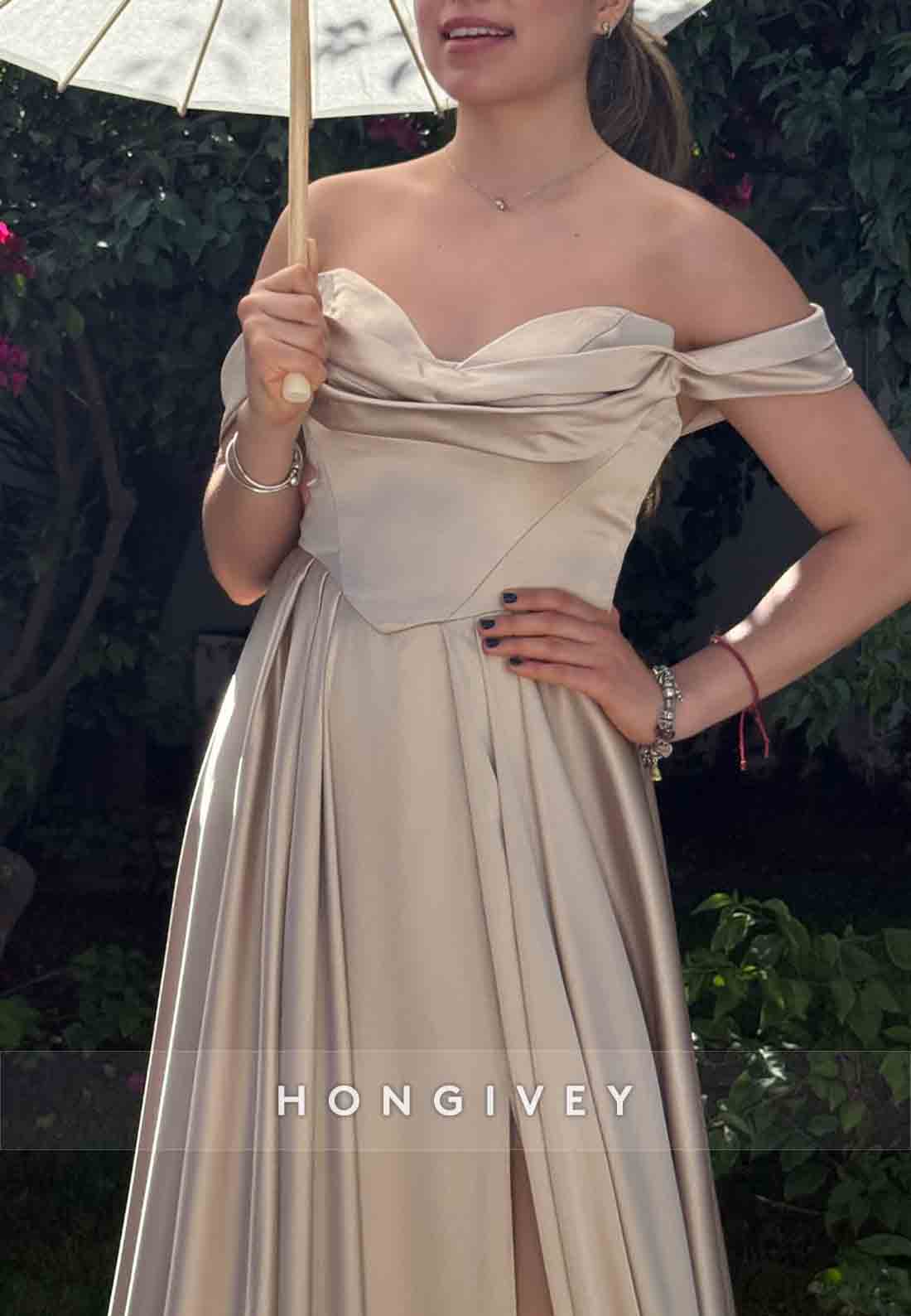 A-Line Sweetheart Off the Shoulder Satin Prom Dresses with High Slit