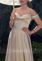 A-Line Sweetheart Off the Shoulder Satin Prom Dresses with High Slit