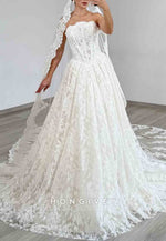 Lace A-Line Bridal Gown Court Train Strapless Empire Wedding Dresses