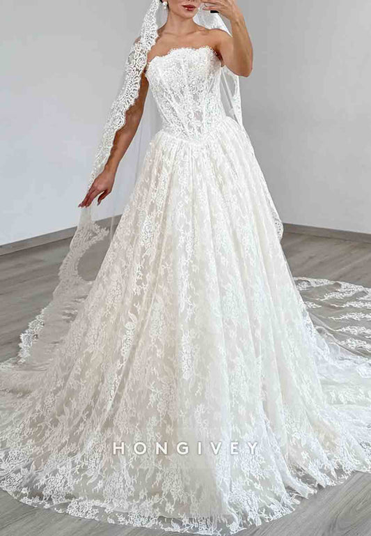 Lace A-Line Bridal Gown Court Train Strapless Empire Wedding Dresses