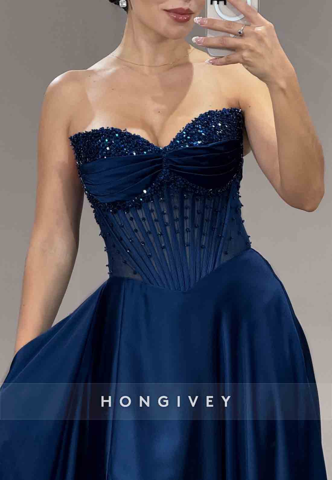 Navy Blue A-Line Off the Shoulder Floor-Length Beaded Prom Dress With Side Slit
