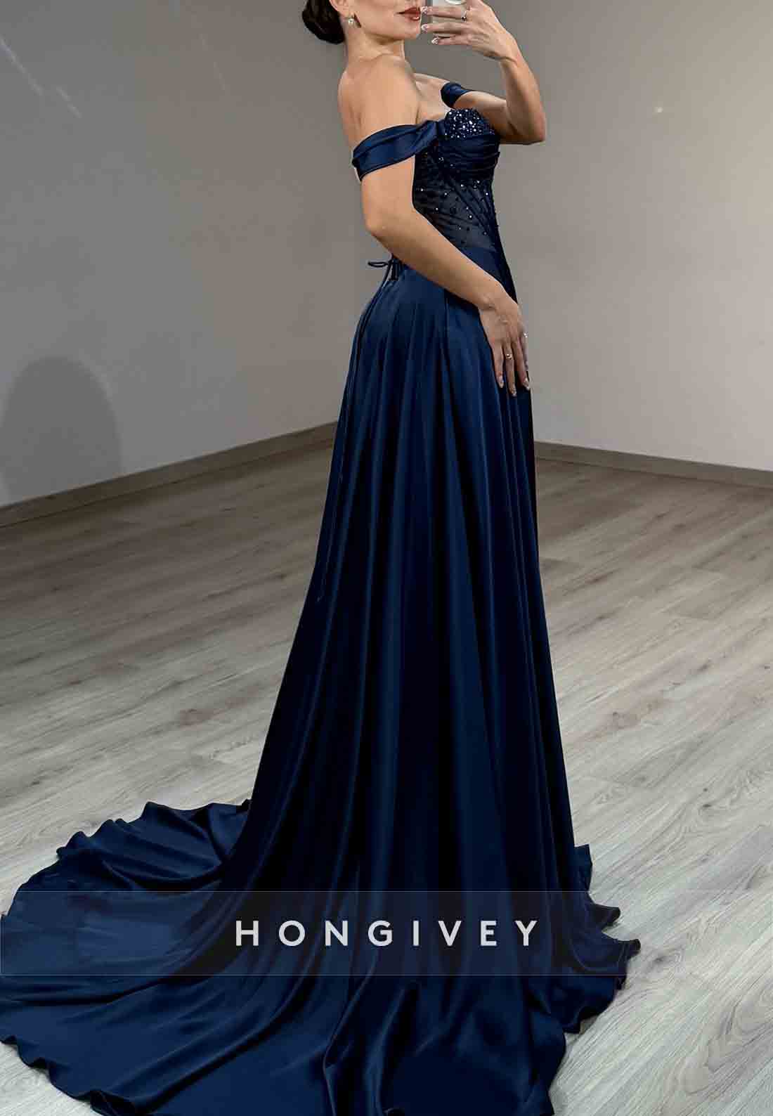 Navy Blue A-Line Off the Shoulder Floor-Length Beaded Prom Dress With Side Slit