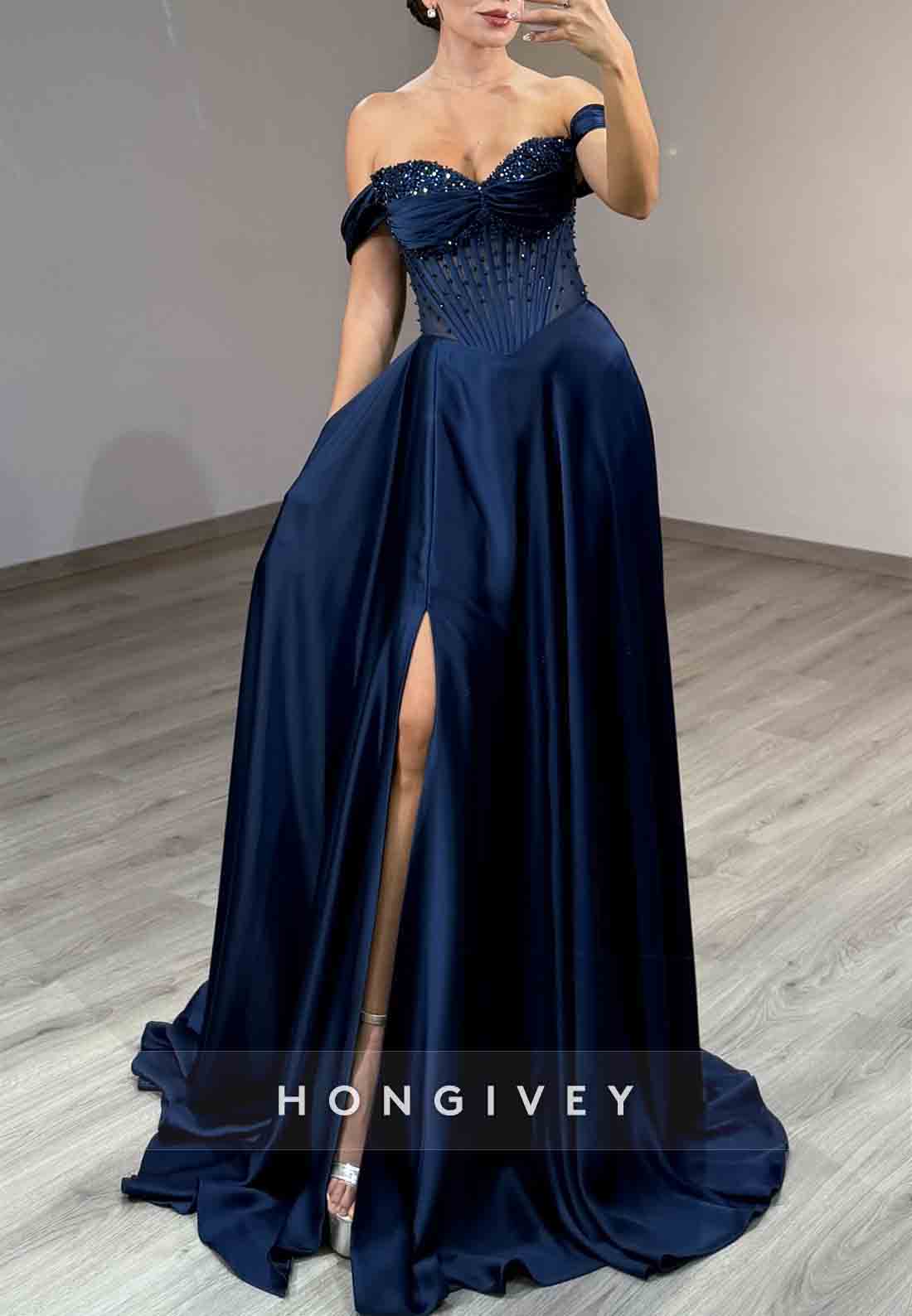Navy Blue A-Line Off the Shoulder Floor-Length Beaded Prom Dress With Side Slit