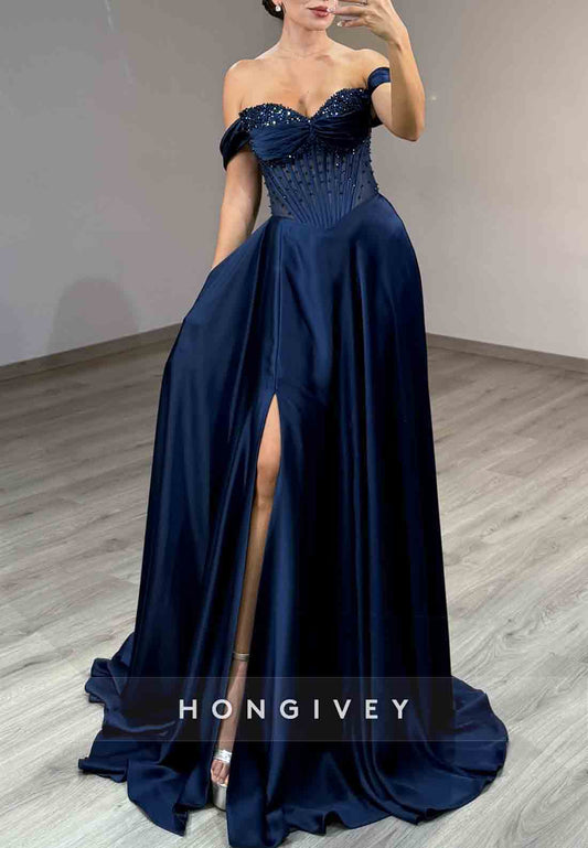 Navy Blue A-Line Off the Shoulder Floor-Length Beaded Prom Dress With Side Slit