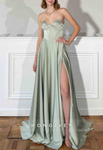 Sage Sweetheart Strapless A-Line Empire High Slit Satin Prom Dresses