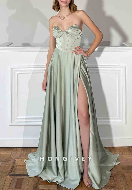 Sage Sweetheart Strapless A-Line Empire High Slit Satin Prom Dresses