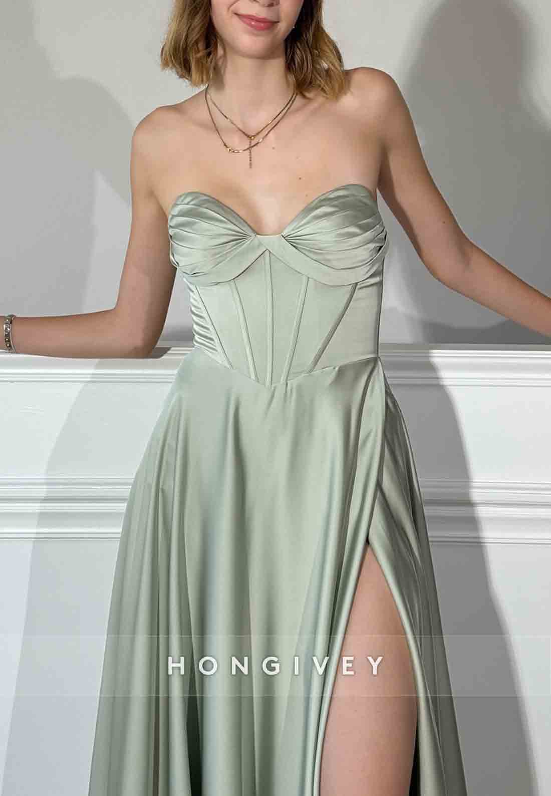 Sage Sweetheart Strapless A-Line Empire High Slit Satin Prom Dresses
