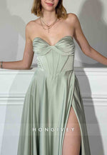 Sage Sweetheart Strapless A-Line Empire High Slit Satin Prom Dresses
