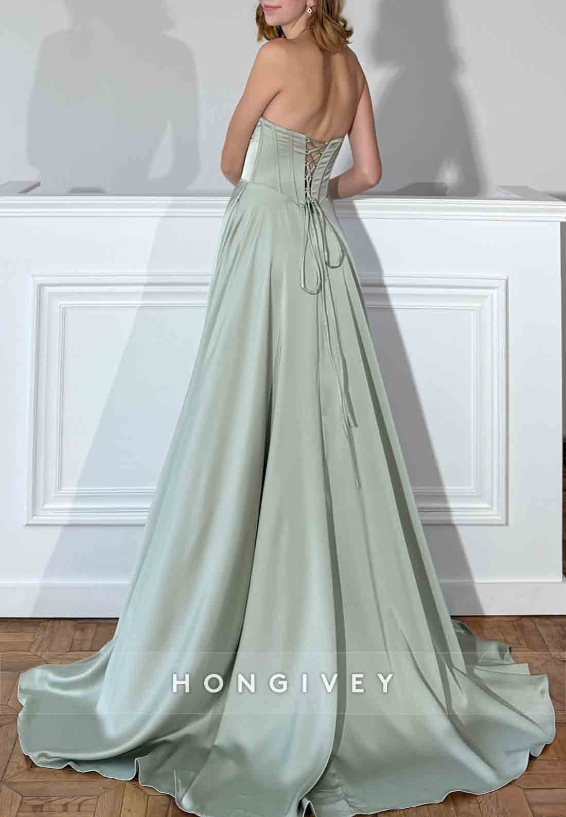 Sage Sweetheart Strapless A-Line Empire High Slit Satin Prom Dresses