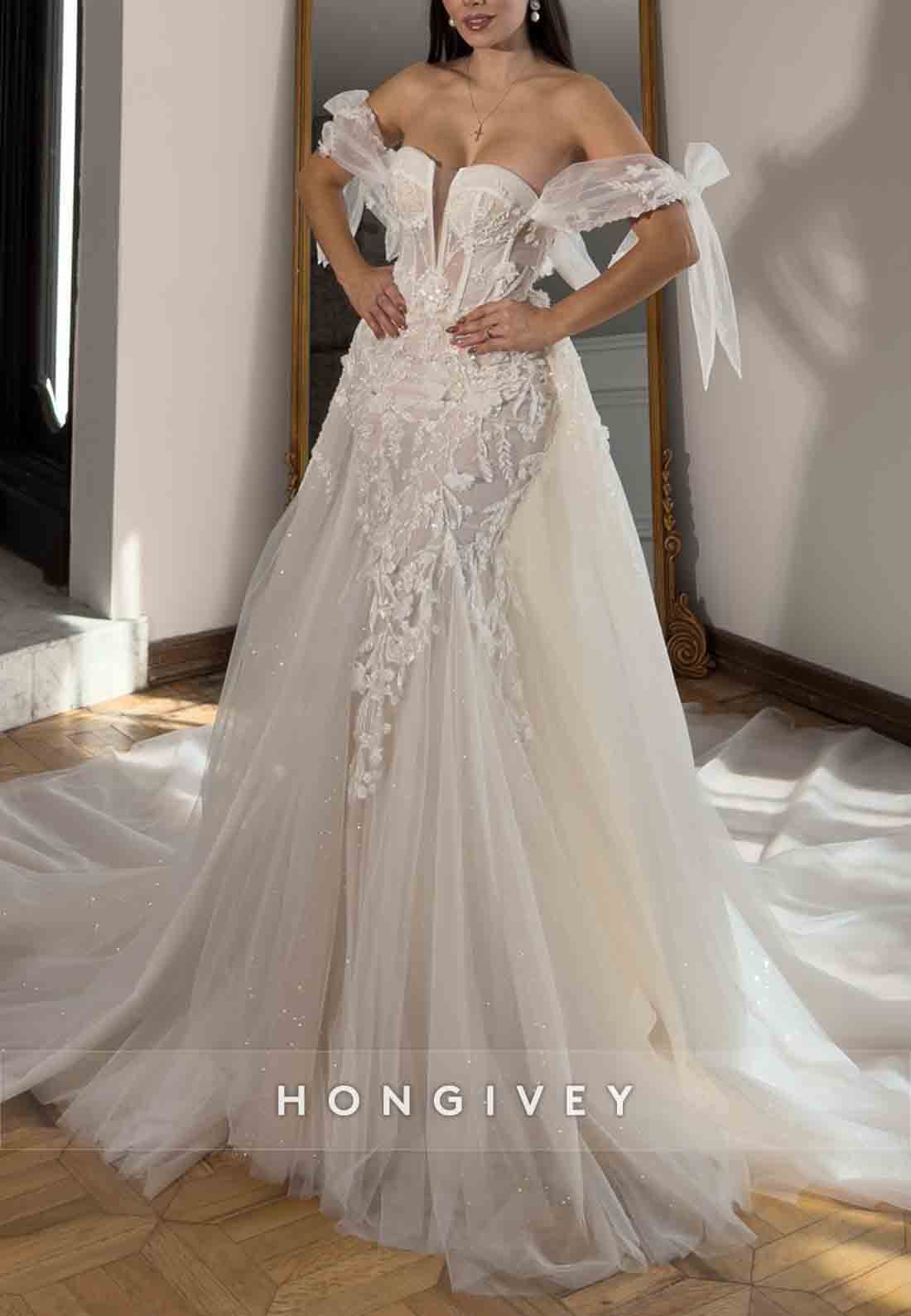 Detachable Appliqued Tulle Off the Shoulder Mermaid Wedding Dresses with Bowknot