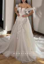 Detachable Appliqued Tulle Off the Shoulder Mermaid Wedding Dresses with Bowknot