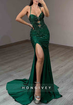 Sparkly Teal Spaghetti Straps Crisscross Back High Slit Mermaid Prom Dresses