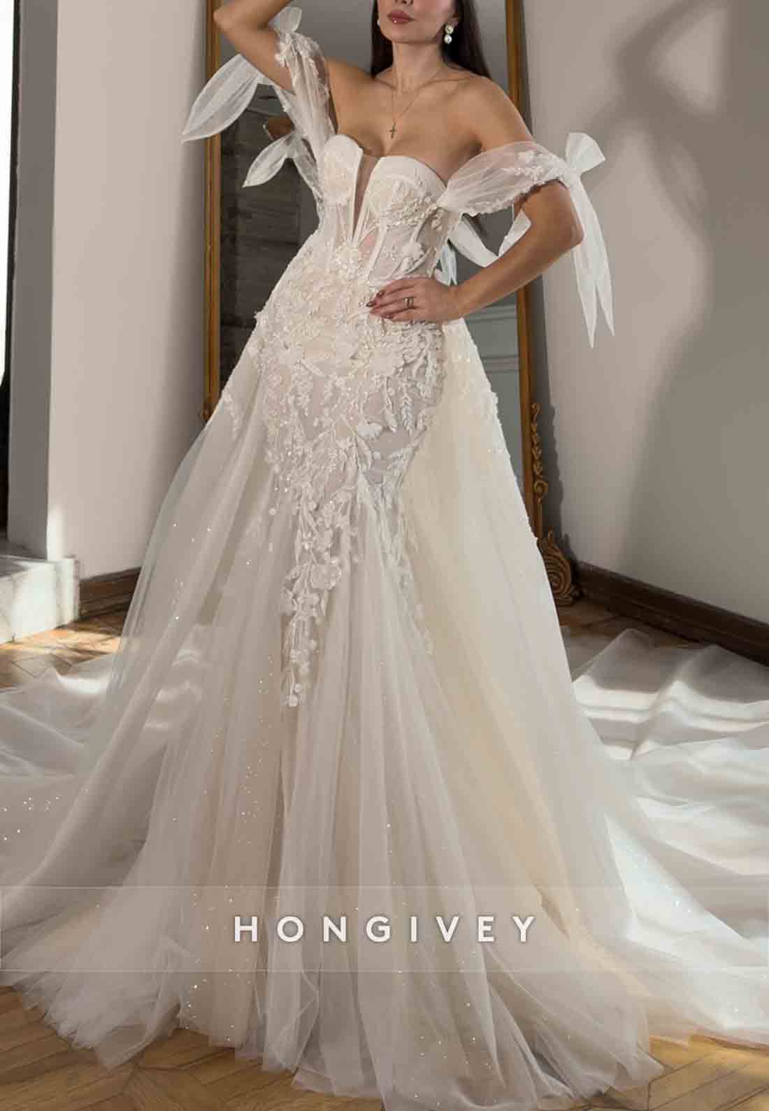 Detachable Appliqued Tulle Off the Shoulder Mermaid Wedding Dresses with Bowknot