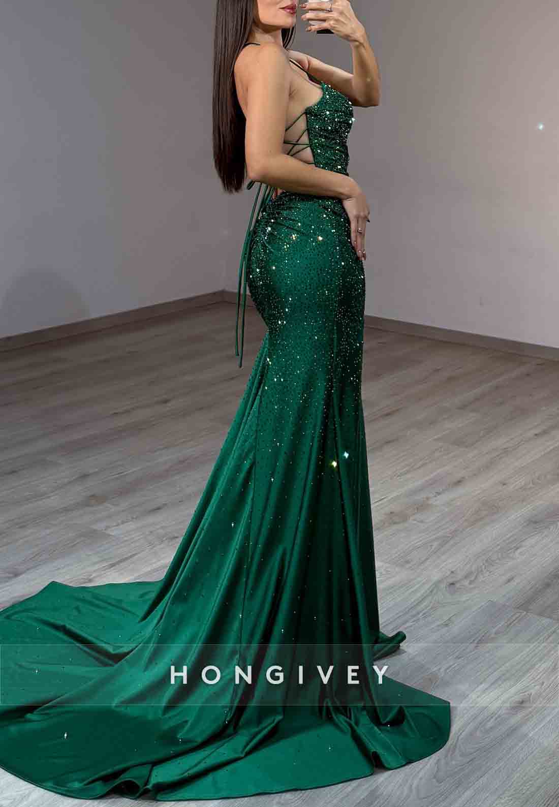 Sparkly Teal Spaghetti Straps Crisscross Back High Slit Mermaid Prom Dresses